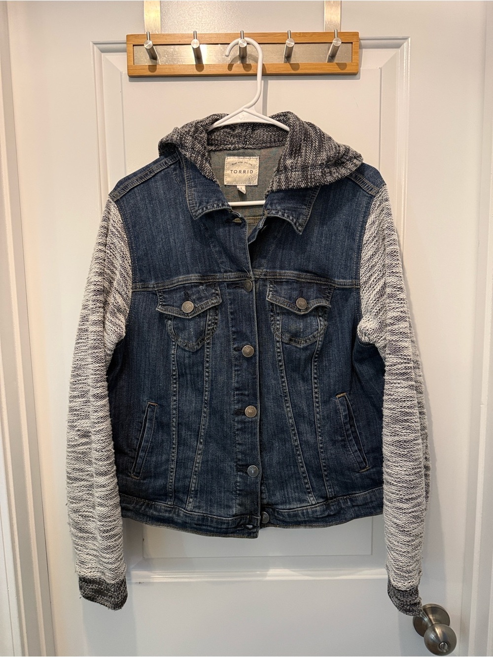 Torrid Mixed Media Denim Jacket Gray Knit Sleeves Hooded